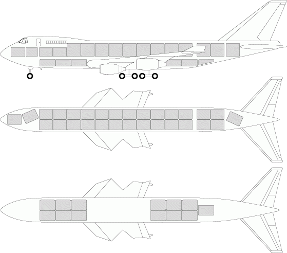 Diagram of a passenger airplane showing side and top views, with shaded sections indicating the seating arrangement inside the aircraft.